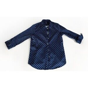 CHAPS No Iron Button Down Shirt M Blue White Polka Dot Blouse Career Office Tech